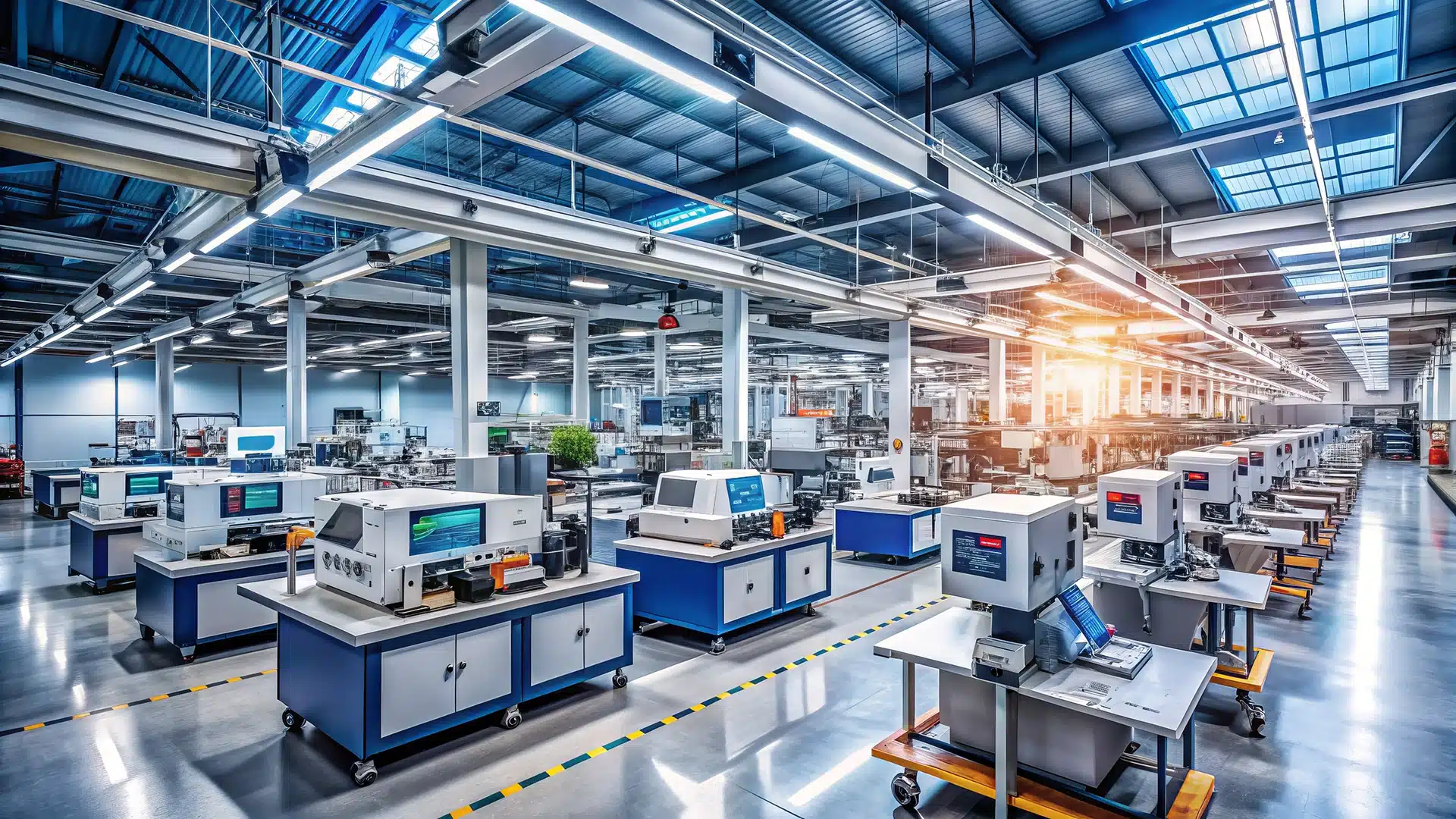 A wide shot of a modern factory with state-of-the-art equipment