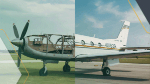 Half-built airplane on one side, completed aircraft on the other