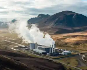 A power plant in a valley with steam billowing out of its stacks.