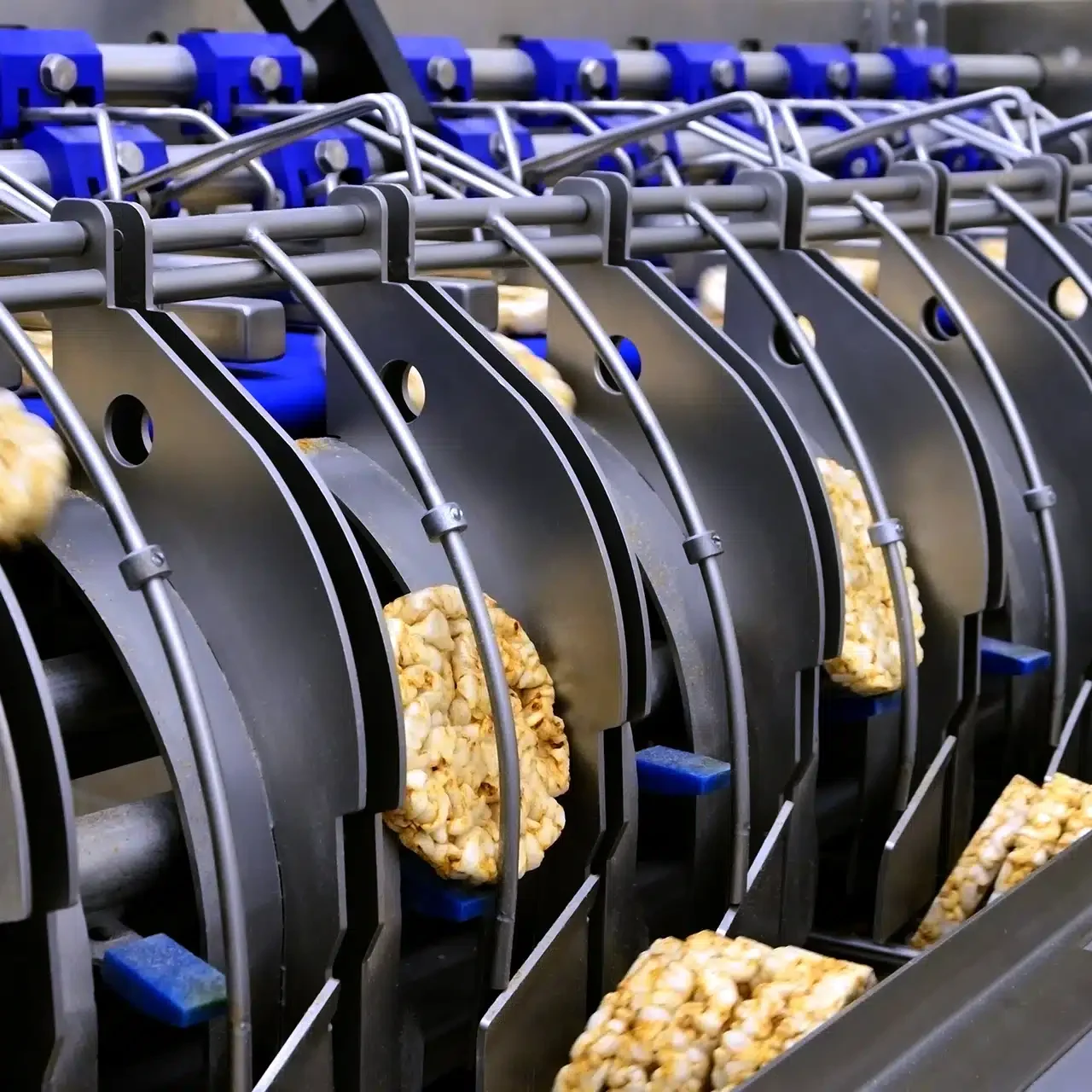 Rice cakes being sorted on a conveyor