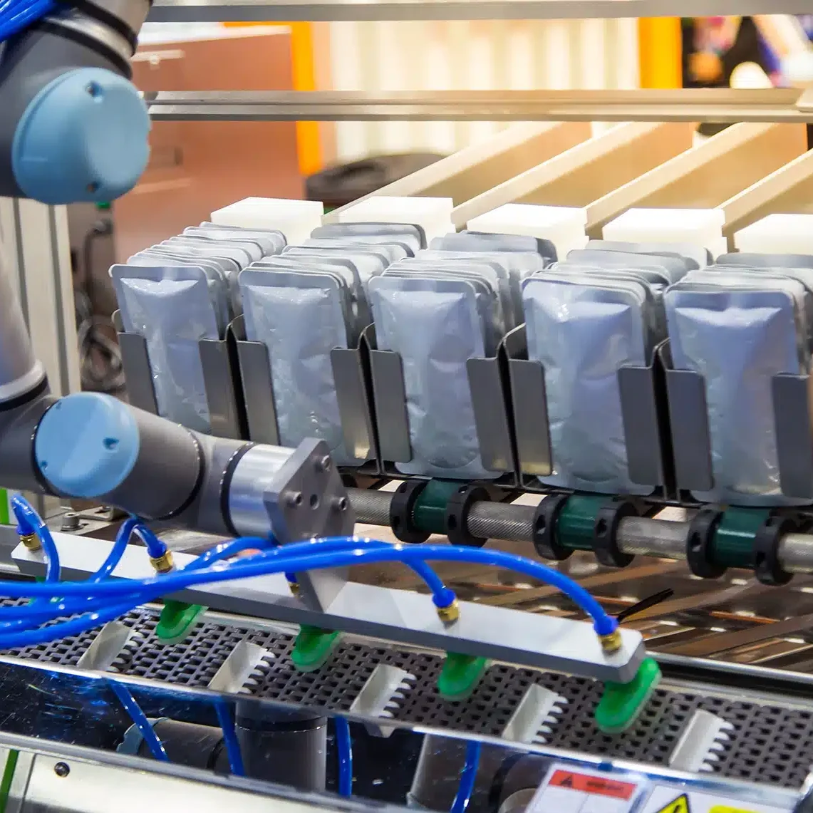 Snack pouches being filled on a conveyor